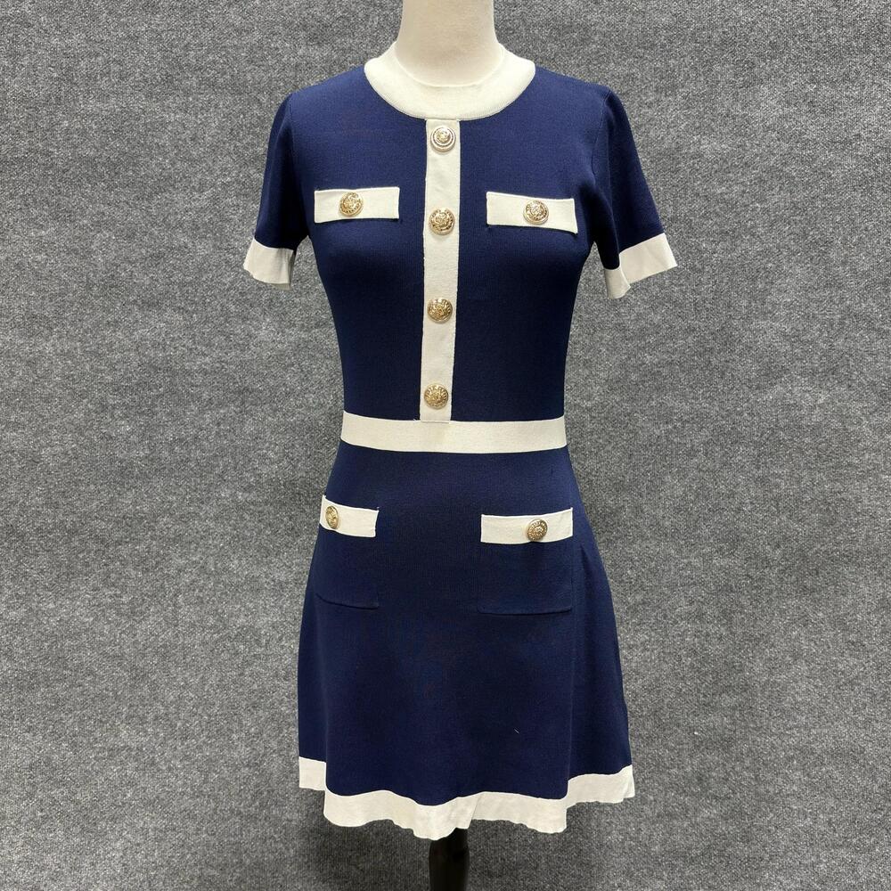 Alexia Admor Dress Womens S Blue White Knit Colorblock Short Sleeve Sheath